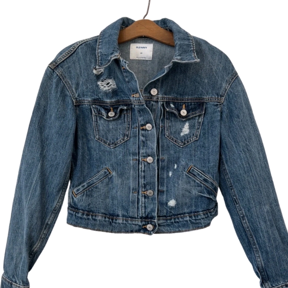 Old Navy Blue Denim Distressed Cropped Jacket